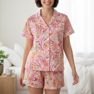 Lauren Ralph Lauren Black Label Boxer Pajama Set Button Up Pink Paisley Womens L